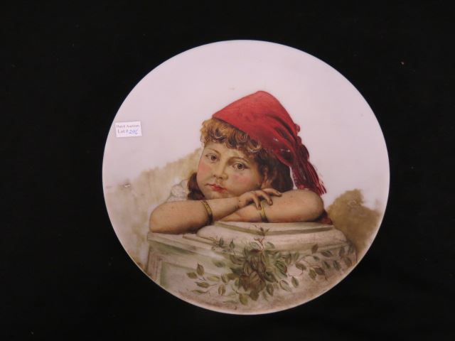 Appraisal: th Century Handpainted Opaque Glass Charger young girl resting her