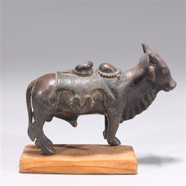 Appraisal: Antique Indian bronze bull statue on custom wood base th