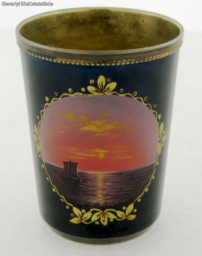 Appraisal: Vintage Russian Enamel Silver Ocean Scene Cup Vintage Russian Enamel