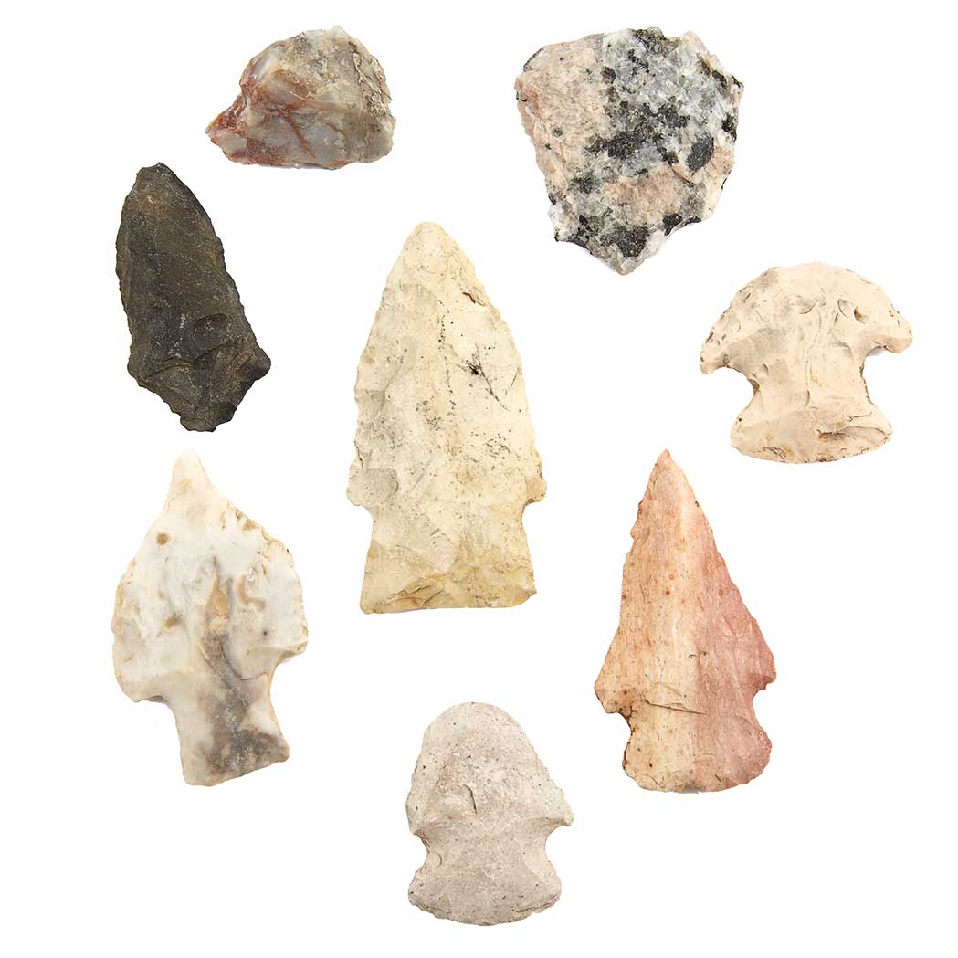 Appraisal: Group of Eight Indian Artifacts Mixed compositions comprising blades arrowheads