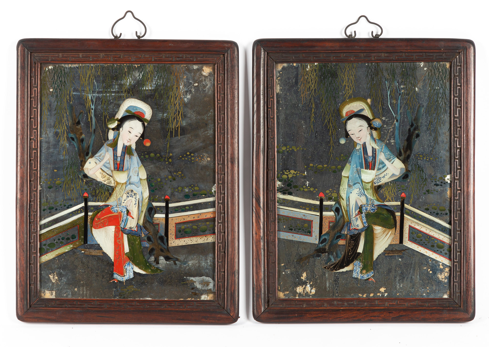 Appraisal: CHINESE PAINTED MIRRORS Hand painted figures with carved hardwood frames