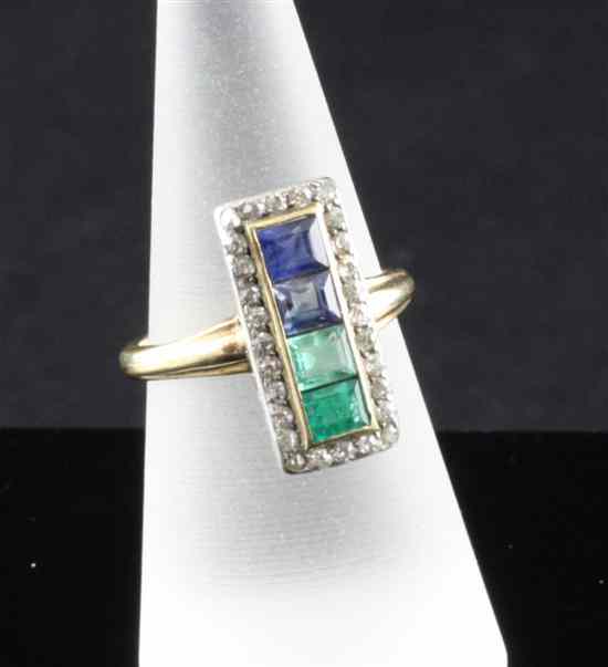 Appraisal: A 's gold diamond emerald and sapphire rectangular cluster ring