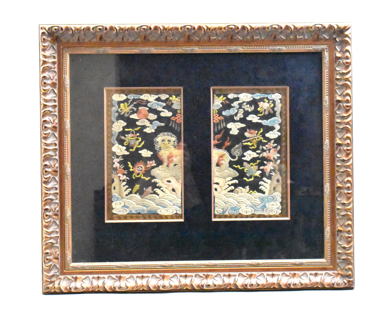 Appraisal: A Chinese framed embroidery with two halves of Buzi Two