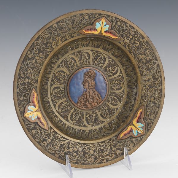 Appraisal: BRONZE AND ENAMELED PLATE diameter Bronze plate with leaf and