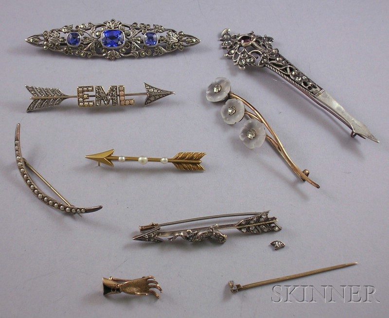 Appraisal: Group of Eight Brooches two arrow brooches with diamonds damage