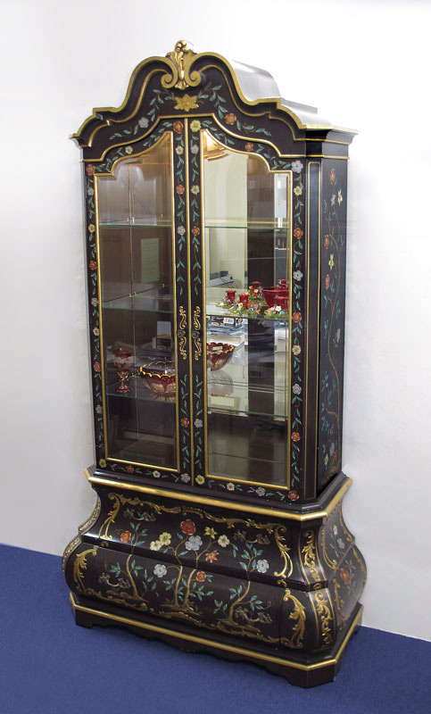 Appraisal: WIDDICOMB BOMBAY SHAPED PAINT DECORATED CABINET Floral motif with gilt