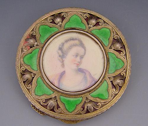 Appraisal: FRENCH ENAMEL COMPACT Fine silver portrait compact The portrait is