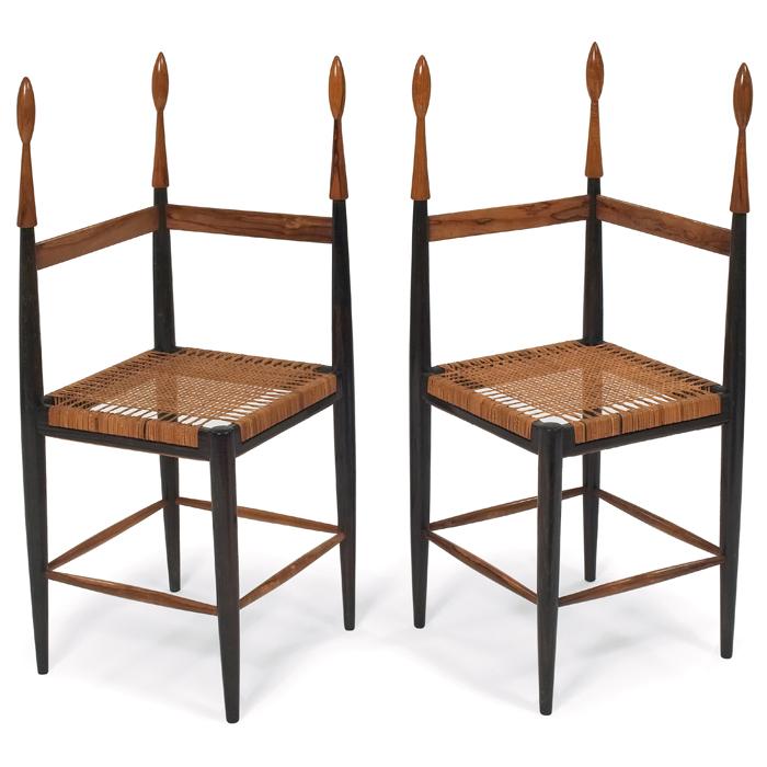 Appraisal: Midcentury Italian corner chairs pair bleached rosewood posts with turned