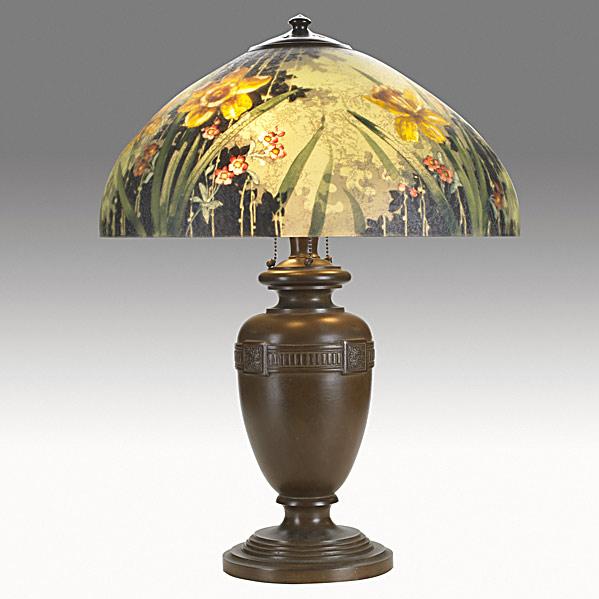 Appraisal: HANDELBronze table lamp with reverse-painted daffodil shadeShade stamped HANDEL Lamps