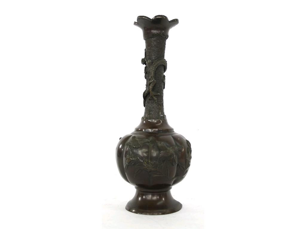 Appraisal: Japanese bronze bottle vase the neck cast with an applied