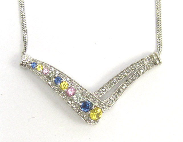 Appraisal: DIAMOND MULTI-COLOR SAPPHIRE AND FOURTEEN KARAT WHITE GOLD PENDANT NECKLACE