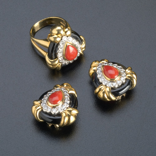 Appraisal: Robert Stone red coral and onyx ring and earrings with