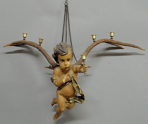 Appraisal: German carved putti light fixture th c with original paint