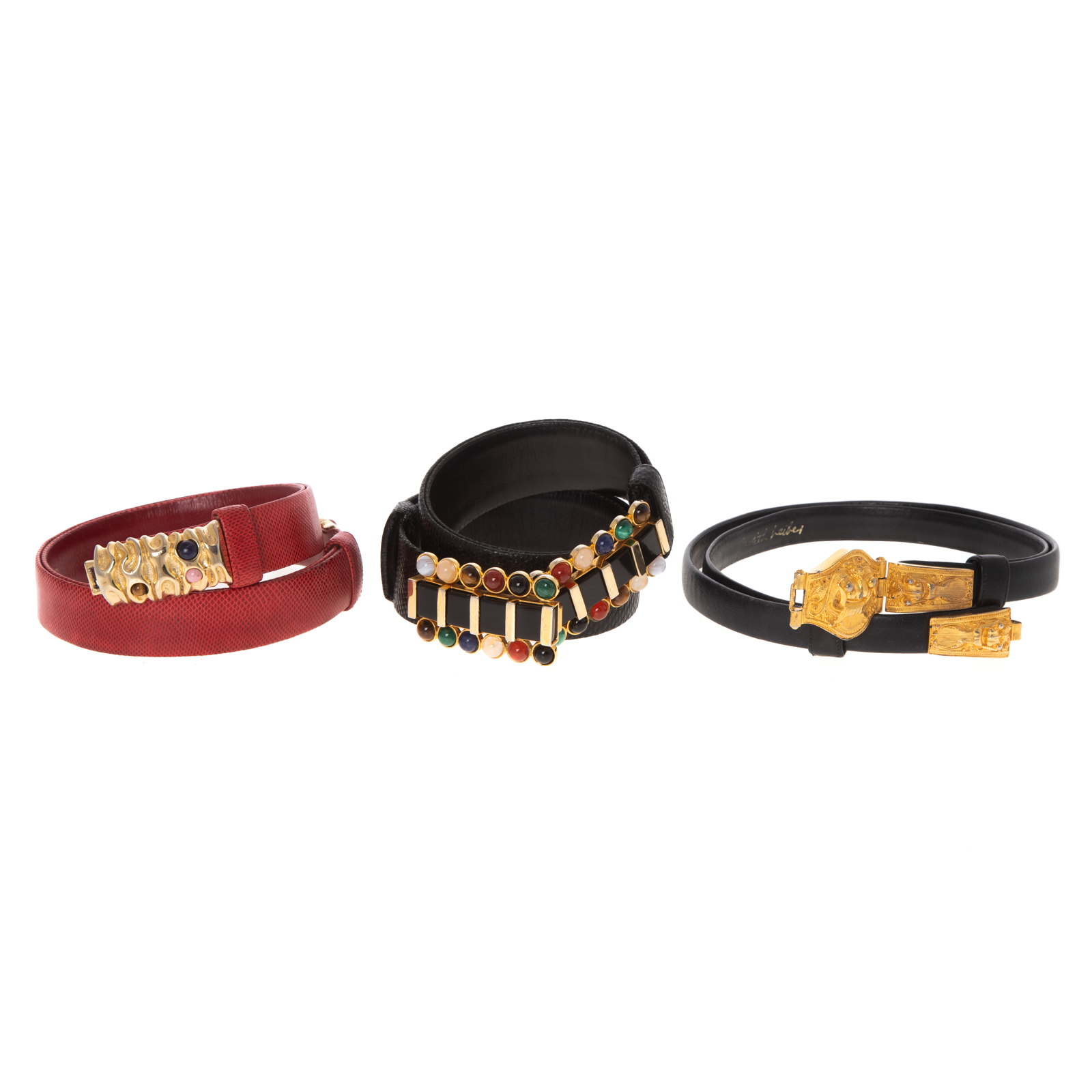 Appraisal: THREE JUDITH LEIBER LEATHER AND GEMSTONE BELTS A black lizard