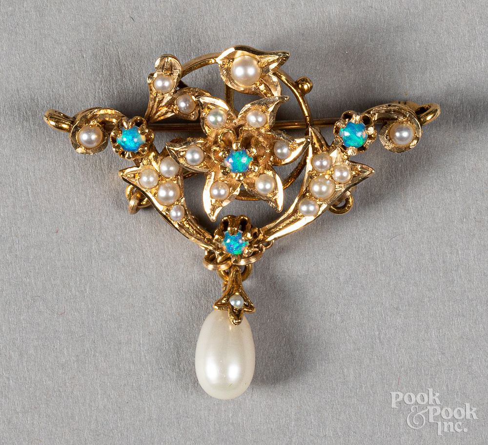 Appraisal: K gold pearl and opal brooch K gold pearl and