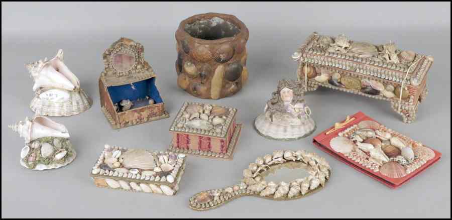 Appraisal: GROUP OF VARIOUS SHELL ART OBJECTS Comprised of four boxes