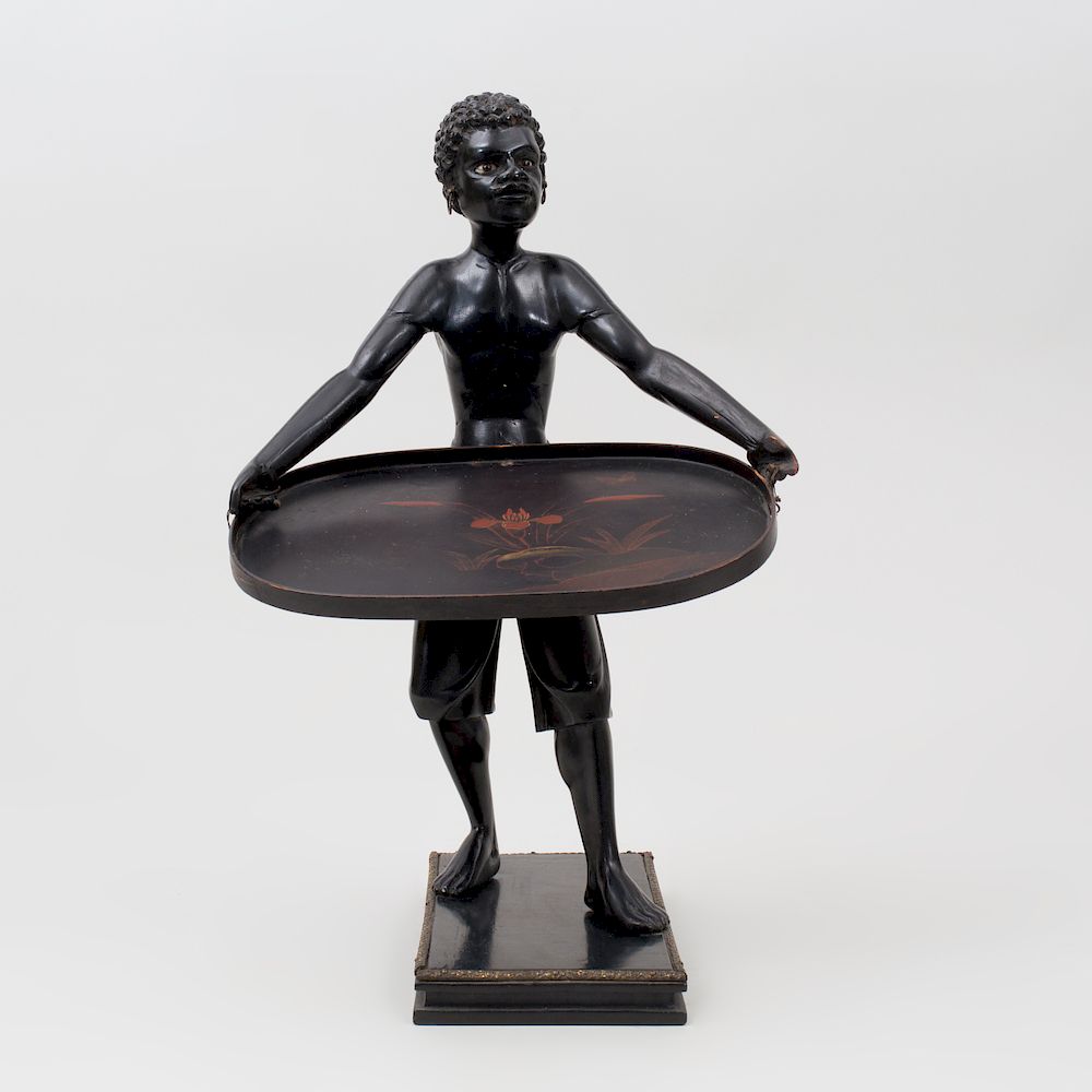 Appraisal: Victorian Carved and Ebonized Figural Card Tray Inset with glass