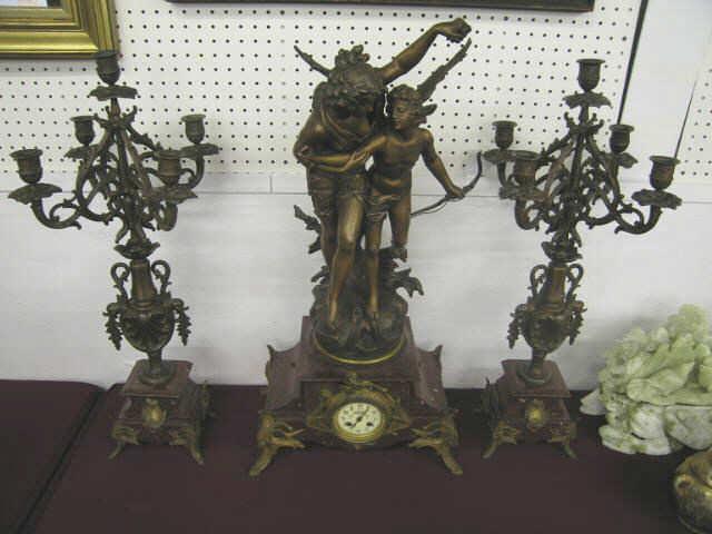 Appraisal: French Victorian Figural Clock Set bronzed marble Jeunesse Guidant L'Amour