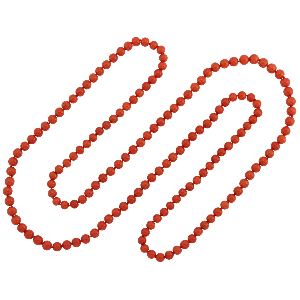 Appraisal: Long Coral Bead Necklace Ap coral beads ap to mm