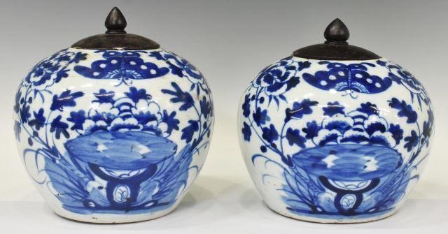 Appraisal: pair Chinese blue and white porcelain melon jars wooden lids