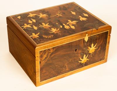 Appraisal: A Young Jones th Century walnut work box inlaid fuchsias