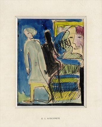 Appraisal: AFTER ERNEST KIRCHNER COMPOSITION WITH FIGURE Watercolor and pencil on