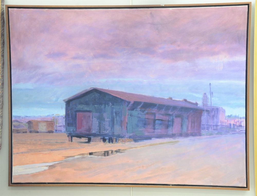 Appraisal: Contemporary oil on canvas of train station signed illegibly lower