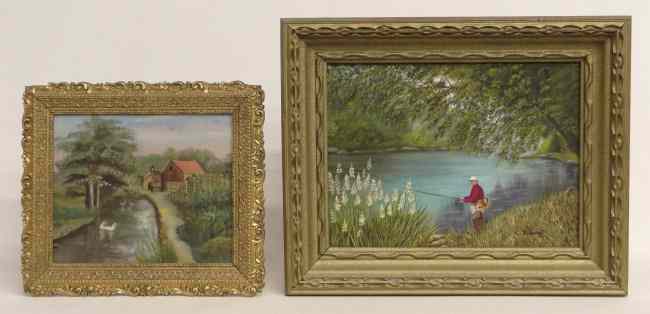 Appraisal: Lot two paintings including man fishing signed ''R Savage'' sight