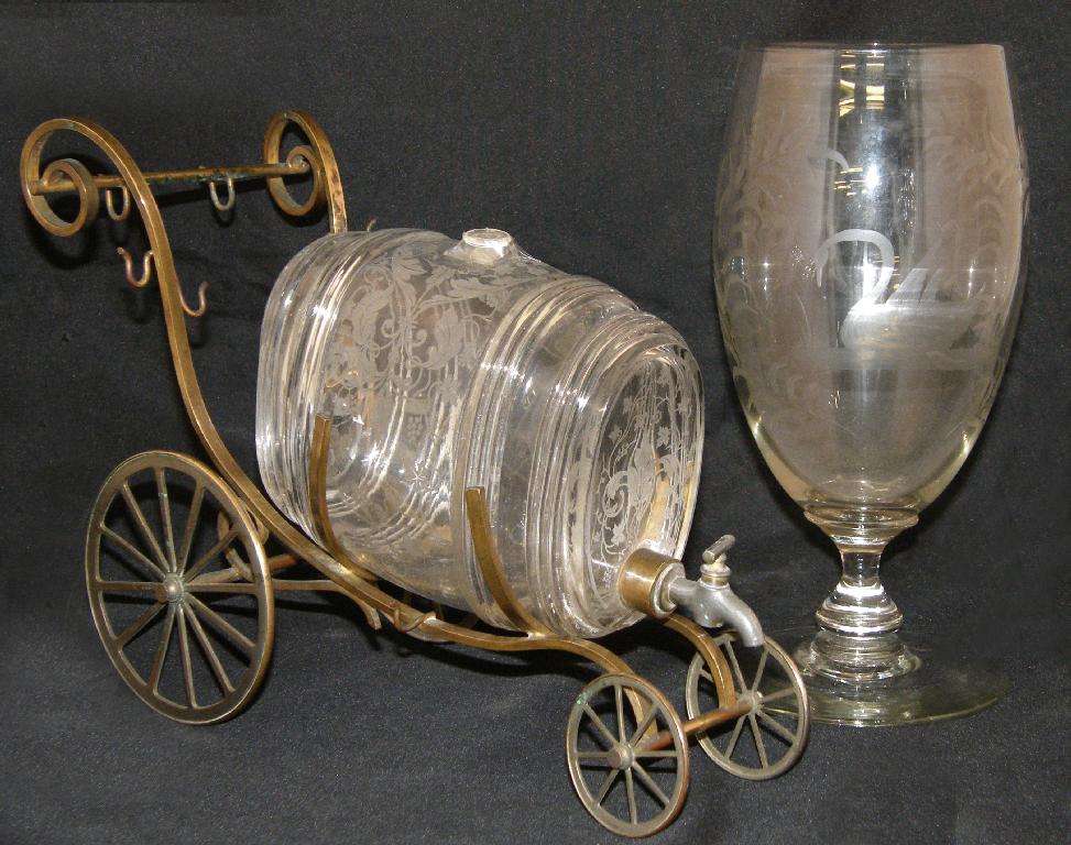 Appraisal: Engraved glass liqueur decanter in the form of a barrel