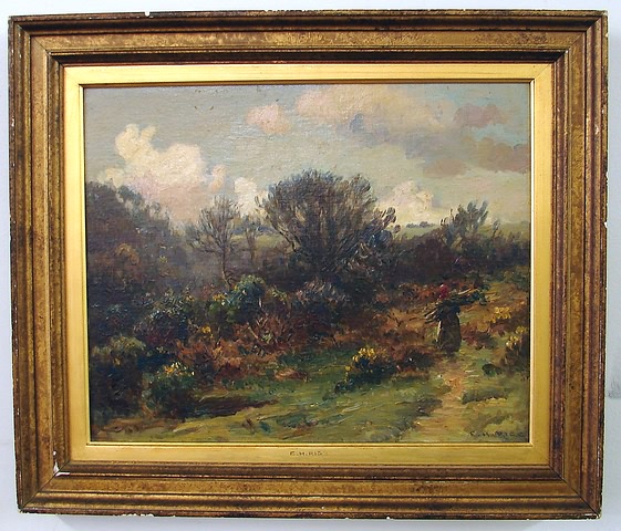 Appraisal: Landscape with figure holding a bundle of sticks oil on