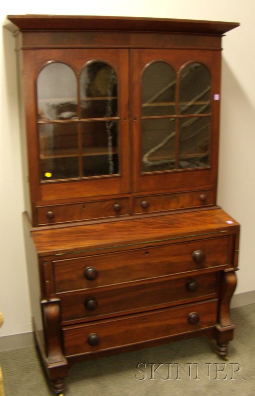 Appraisal: Classical Glazed Mahogany and Mahogany Veneer Two-Part Writing Desk Bookcase