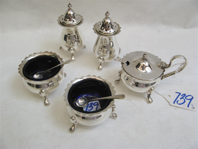 Appraisal: BIRMINGHAM STERLING COBALT GLASS CONDIMENT SET pieces includes the mustard