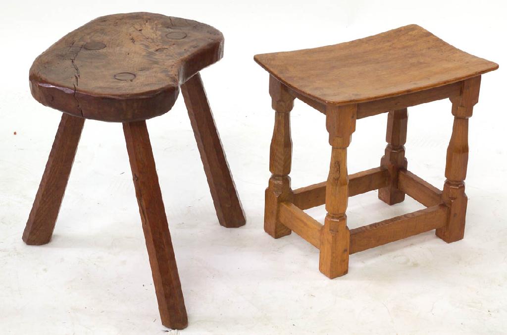 Appraisal: ROBERT MOUSEMAN THOMPSON OAK STOOL c the adzed and dished