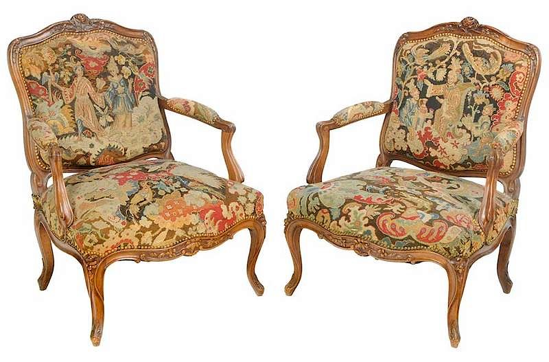 Appraisal: Pair Louis XV Style Needlework Fauteuils th century each carved