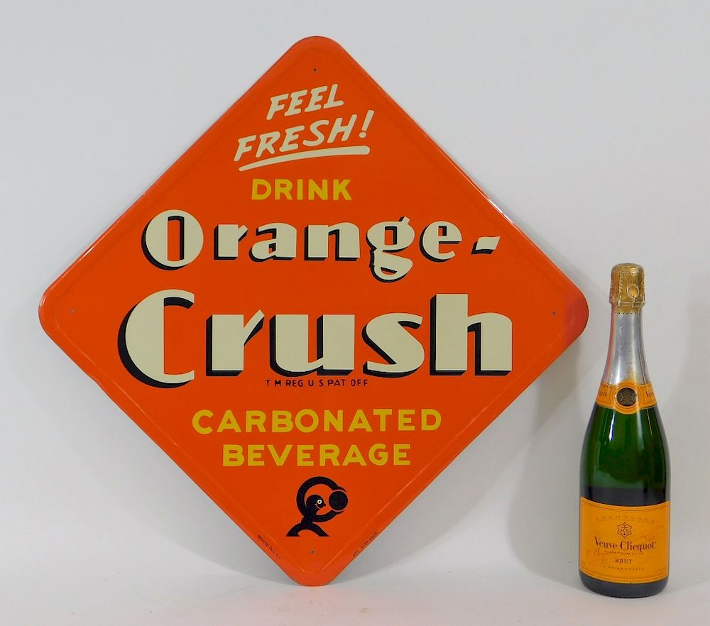 Appraisal: Orange Crush Embossed Tin Advertising Sign United States Circa Square