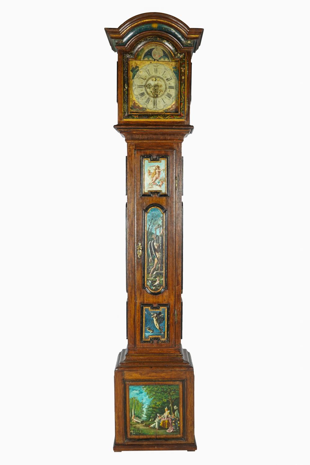 Appraisal: DUTCH PAINTED GRANDFATHER'S CLOCKwith pendulum and weights Condition paint loss