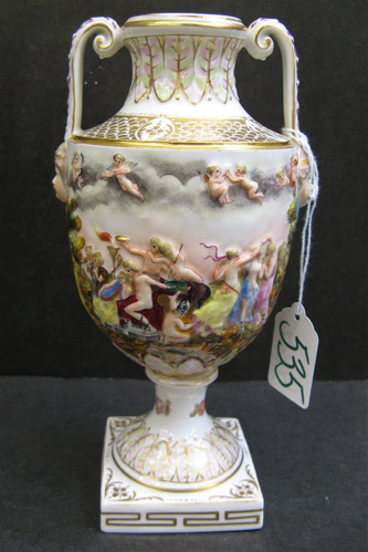 Appraisal: CAPODIMONTE DOUBLE HANDLED URN Hand painted with traditional raised classical