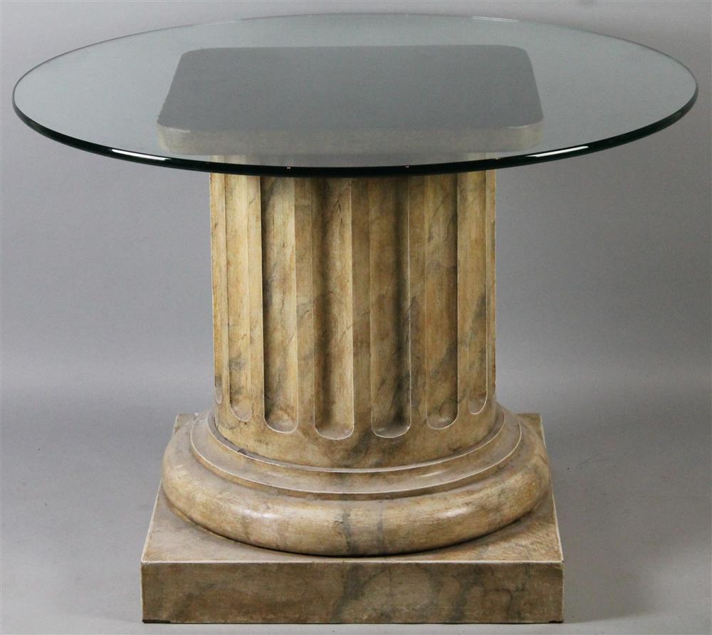 Appraisal: FAUX MARBLE ARCHITECTURAL COLUMN WITH GLASS CIRCULAR TOP TABLE half