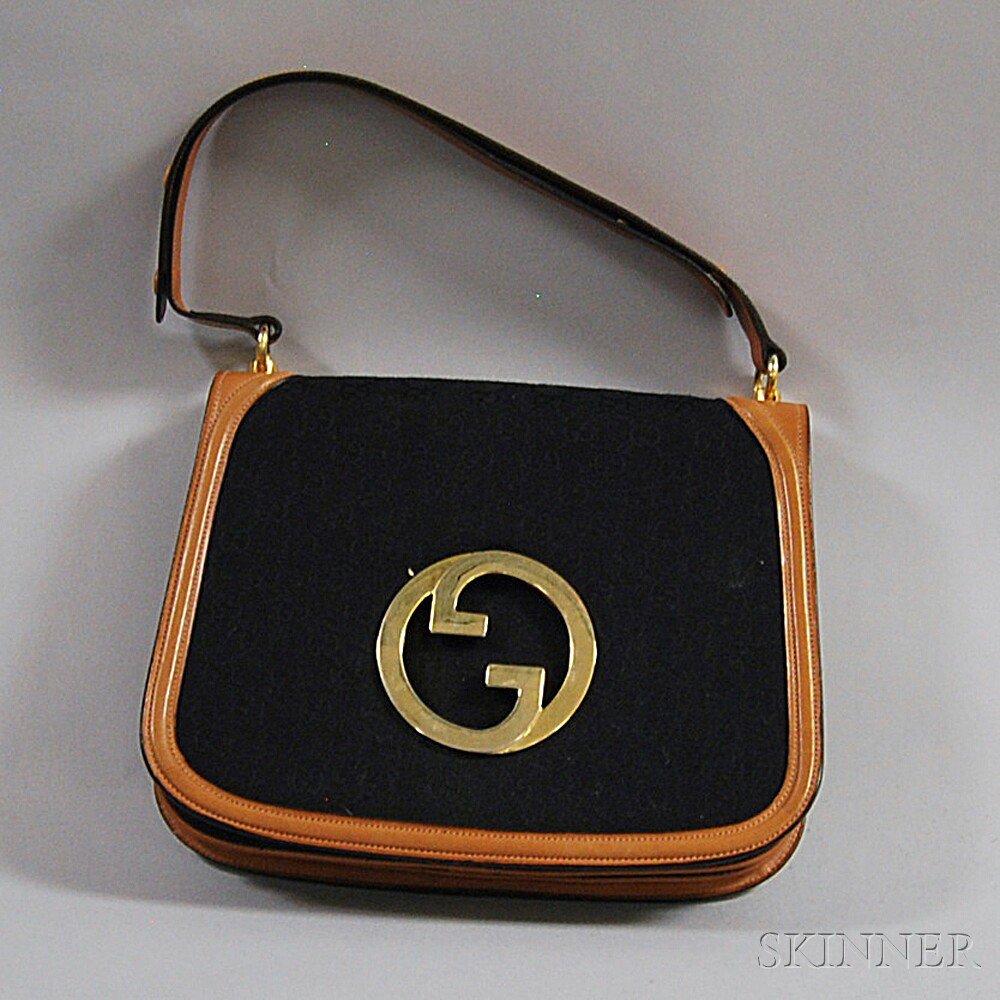 Appraisal: Vintage Gucci Black Canvas and Tan Leather Shoulder Bag the