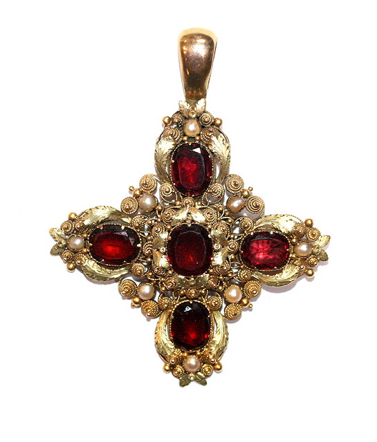 Appraisal: A LATE GEORGIAN GARNET AND PEARL PENDANT in the form