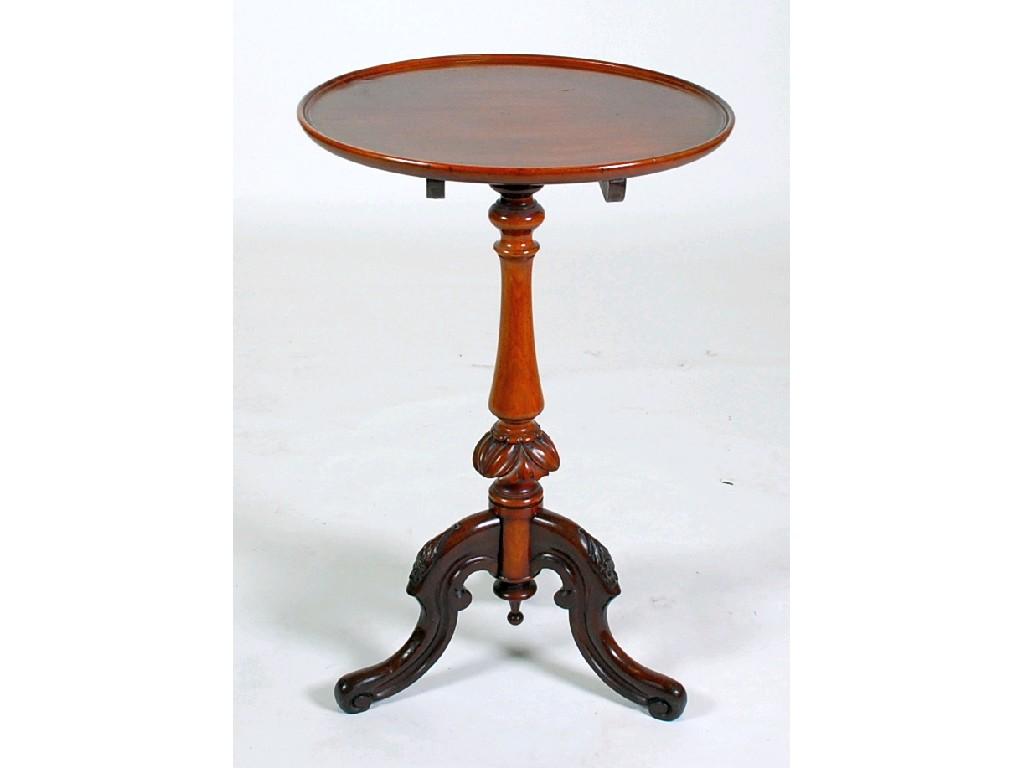 Appraisal: VICTORIAN MAHOGANY SNAP TOP TRIPOD WINE TABLE the circular moulded