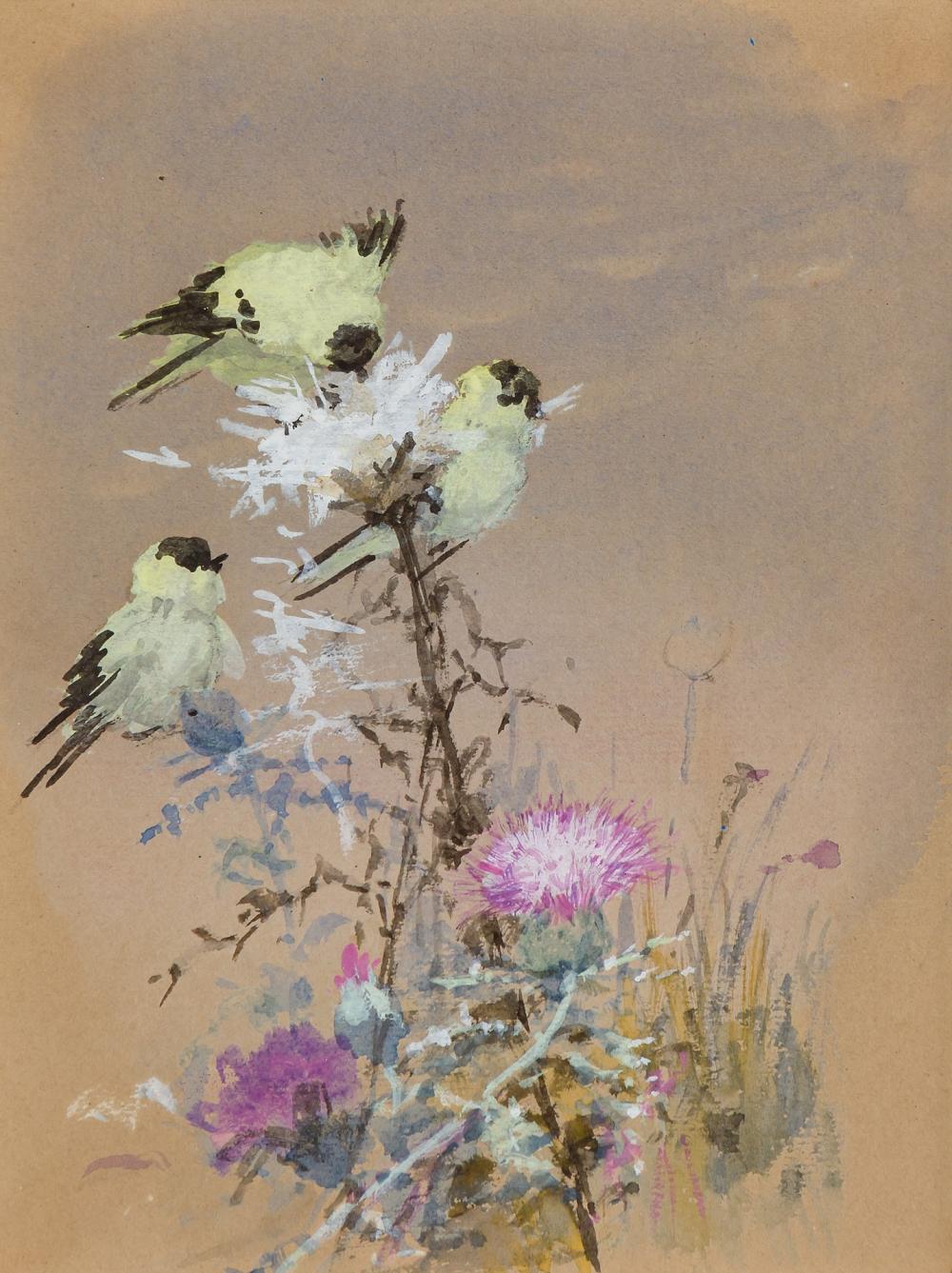 Appraisal: FIDELIA BRIDGES American - Goldfinches in Thistle watercolor and gouache