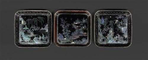 Appraisal: THREE SQUARE PLATES China th centuries L cm Black lacquer