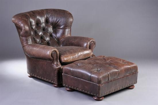 Appraisal: RALPH LAUREN LEATHER CLUB CHAIR AND OTTOMAN th century with