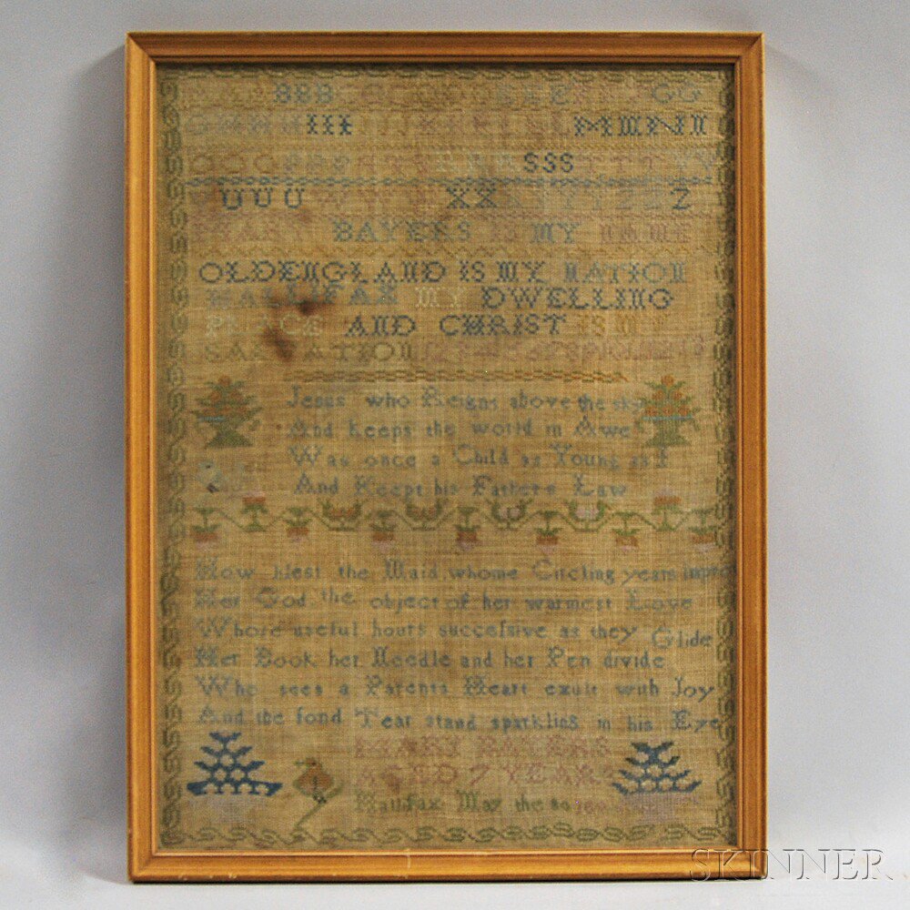 Appraisal: Needlework Sampler Mary Bayers Halifax Nova Scotia worked in silk