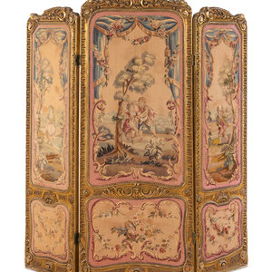 Appraisal: A French Tapestry-Inset Giltwood Three-Panel Floor Screen Late th Early