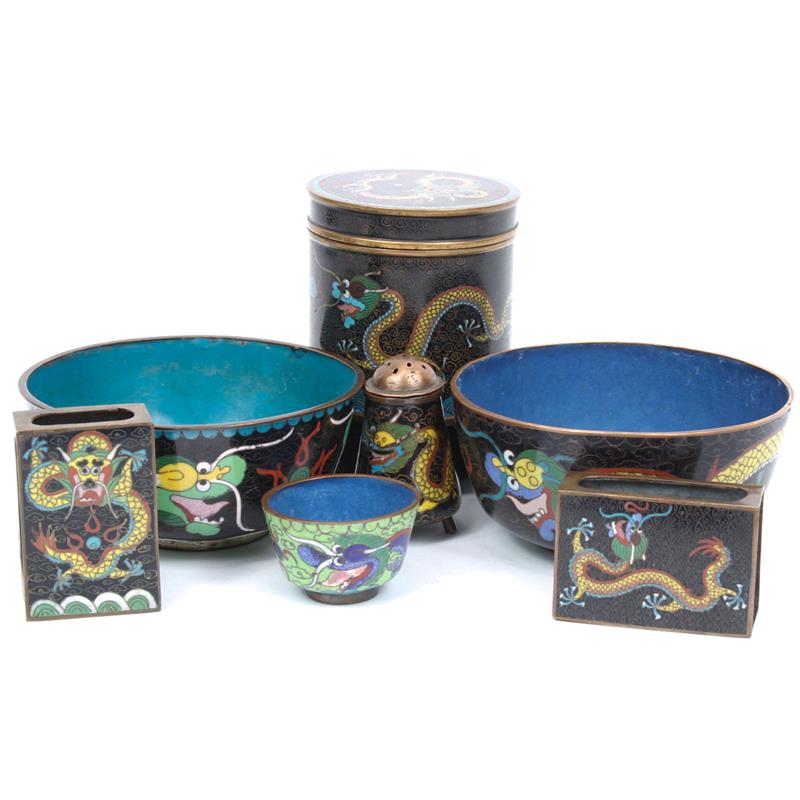 Appraisal: Group of seven Chinese cloisonne pieces including two match box