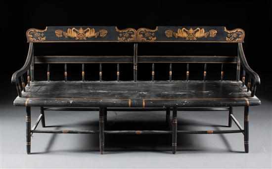 Appraisal: Windsor style gilt-stencil decorated ebonized wood deacon's bench late th