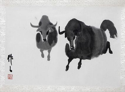 Appraisal: CHINESE SCROLL PAINTING TWO YAKS BY WU ZUOREN Pen and