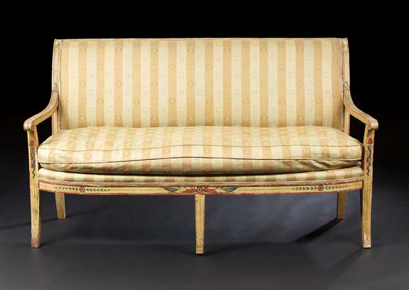 Appraisal: Directoire-Style Polychromed Beechwood Settee early th century the padded outscrolled